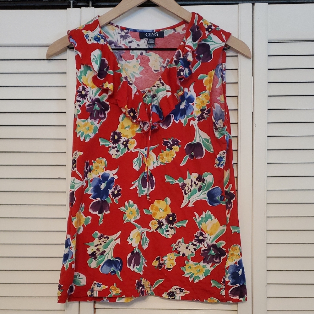 Chaps Floral Red Ruffle Collar Cotton Sleeveless Top, Size Medium